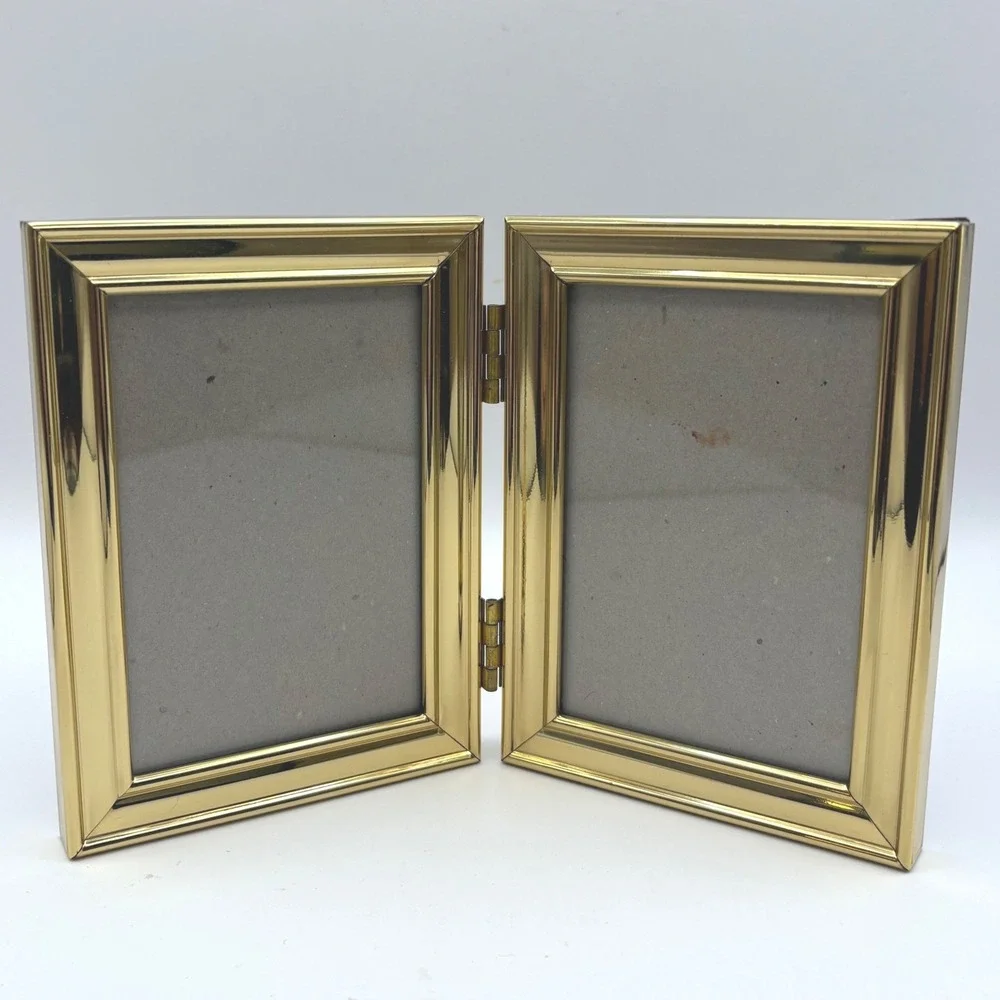 Vintage Brass Double Picture Frame Gold BiFold Hinged Tabletop Boho Photo Decor